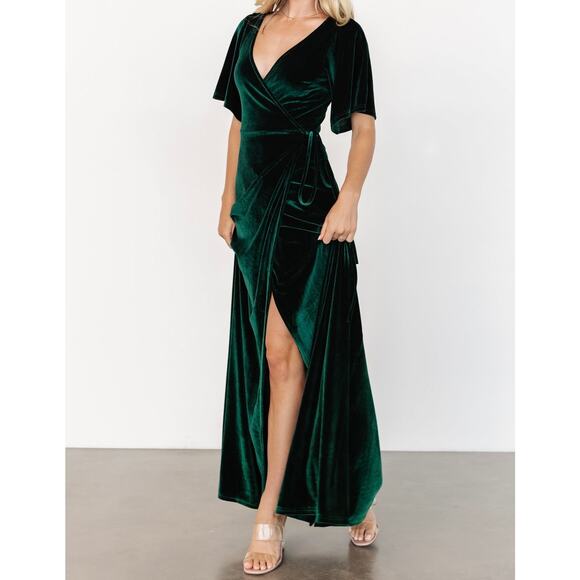 Baltic Born Size Medium Meghan Velvet Wrap Maxi Dress Emerald Green Holiday - Picture 1 of 12